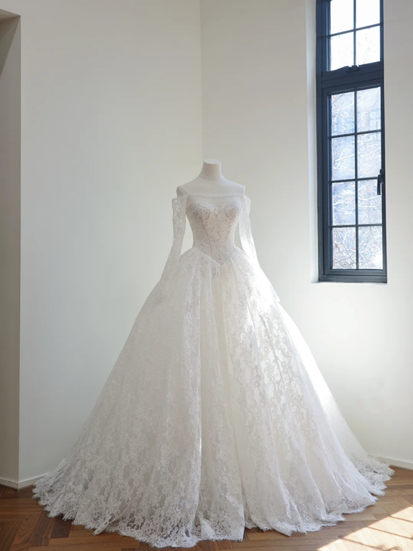 White off-the-shoulder, fitted waist, full skirt, long ball gown R8510