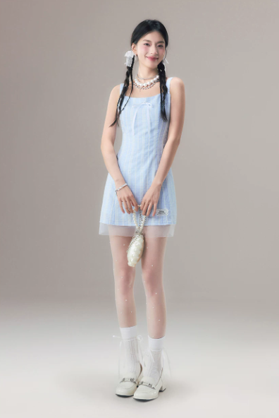 Casual Cute Blue Checkered Mini Dress With Bow Accent And Sheer Tulle Hem For Summer R9301