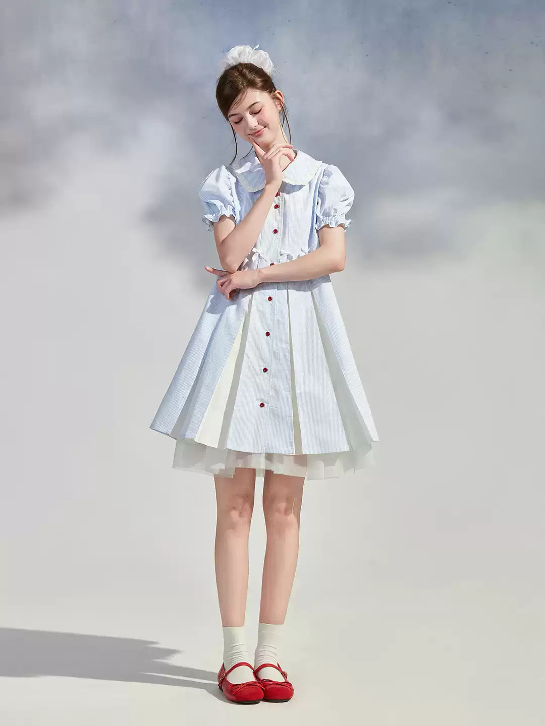 Light Blue Striped Peter Pan Collar Dress with Puff Sleeves R9214