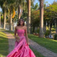 Classy Ball Gown Strapless Pink Floor Length Satin Slit Prom Dresses Evening Gowns      S7023
