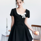 Black Hepburn Style Mini Dress Women With Square Neck And White Bow Detail R9408