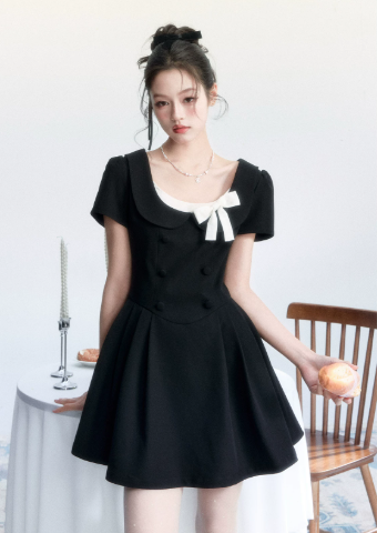 Black Hepburn Style Mini Dress Women With Square Neck And White Bow Detail R9408