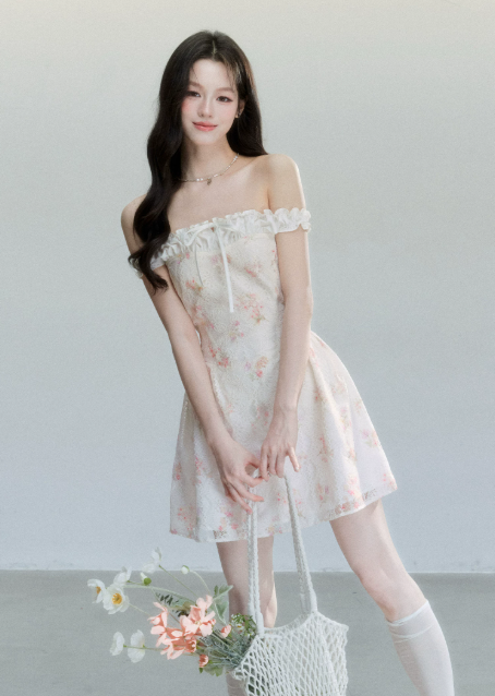 Floral Print Off The Shoulder Mini Dress Women With Lace Trim And Bow Detail R9410