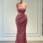 Pink Sequin One Shoulder Elegant Evening Gowns Long Prom Dress     S7229