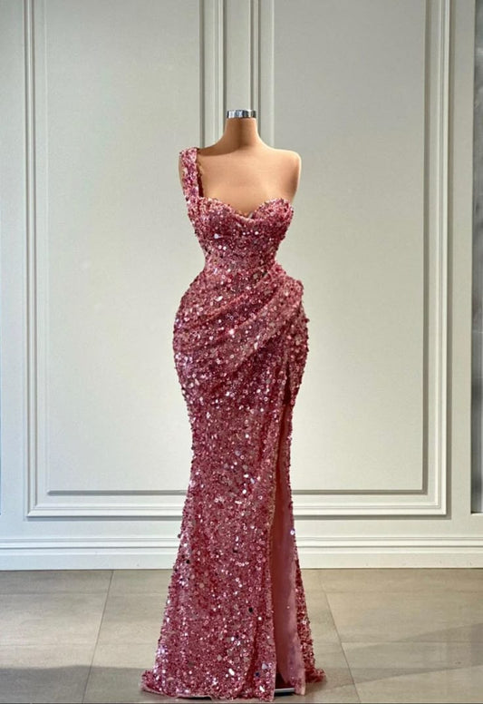 Pink Sequin One Shoulder Elegant Evening Gowns Long Prom Dress     S7229