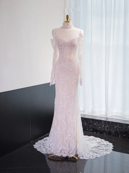 Light pink off-the-shoulder fitted long ball gown, bridal dress R8973