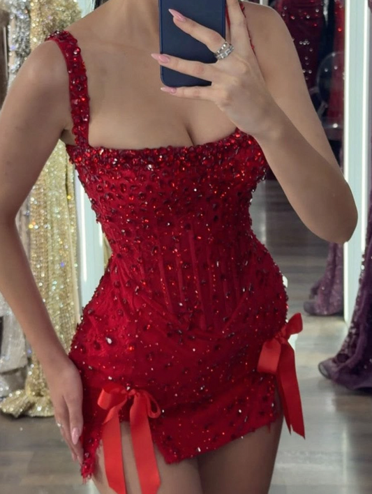 Glitter Beaded Sexy Women's Homecoming Dress Red Corset Short Prom Dress Party Dress RS2461