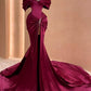 Off-Shoulder Beaded Satin Mermaid Prom Dress with Chapel Train       S7066