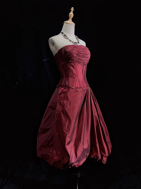 Dark red tube top pleated top with bud skirt short skirt suit homecoming dress R4996