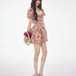 Hot girl floral print puff sleeve backless fitted waist short dress R9374