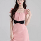Pink & Black Contrast Dress, Women's Square Neck with Black Bow Waist A-Line Mini Dress R9337