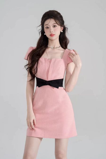 Pink & Black Contrast Dress, Women's Square Neck with Black Bow Waist A-Line Mini Dress R9337