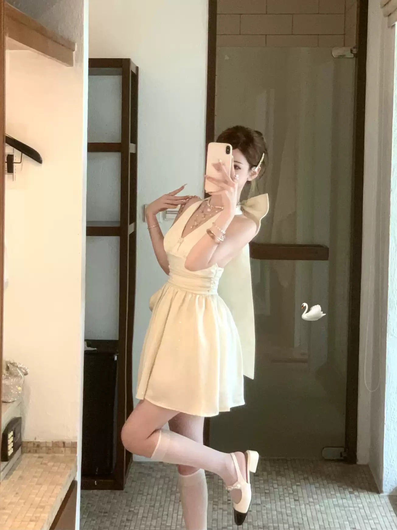 Elegant Halter Neck A-Line Mini Dress with Bow Back R9162