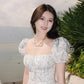 Blue Floral Square Neck Puff Sleeve Midi Dress R9121