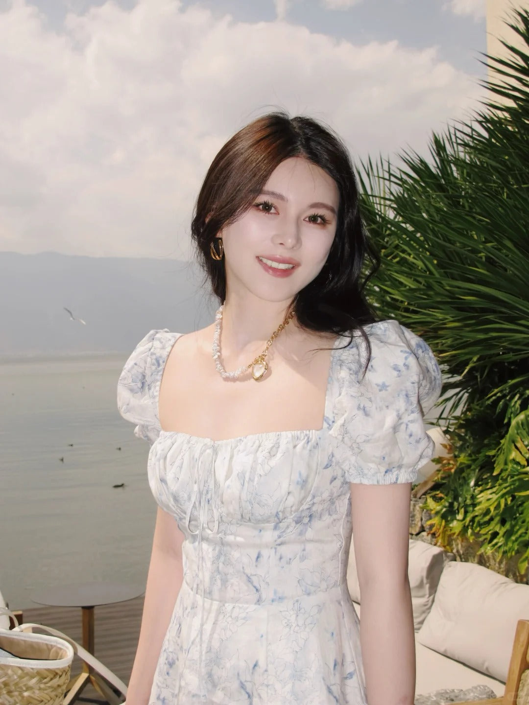 Blue Floral Square Neck Puff Sleeve Midi Dress R9121
