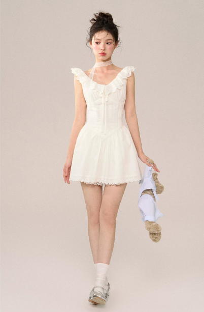 White Lace Trim Corset Style Mini Dress Women With Ruffle Straps And Flared Skirt R9395