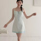 White Floral Cami Dress with Light Blue Tie Front and Elastic Waist R9176