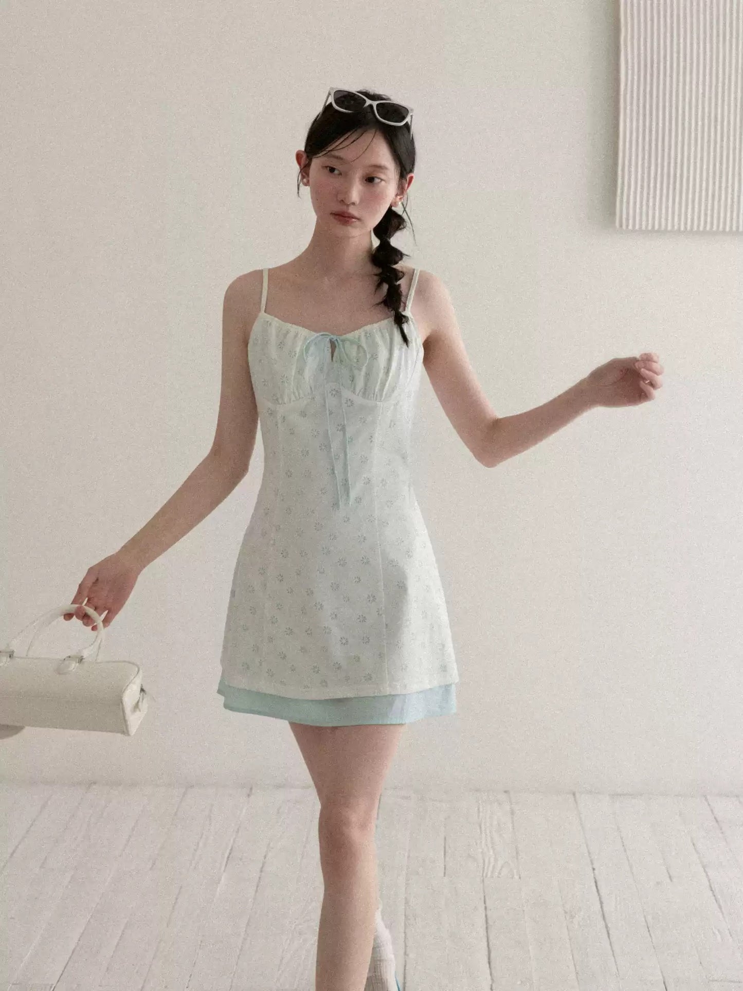 White Floral Cami Dress with Light Blue Tie Front and Elastic Waist R9176