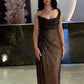 Glitty Asymmetrical Ruched Slit Long Sequin Dress    S6955