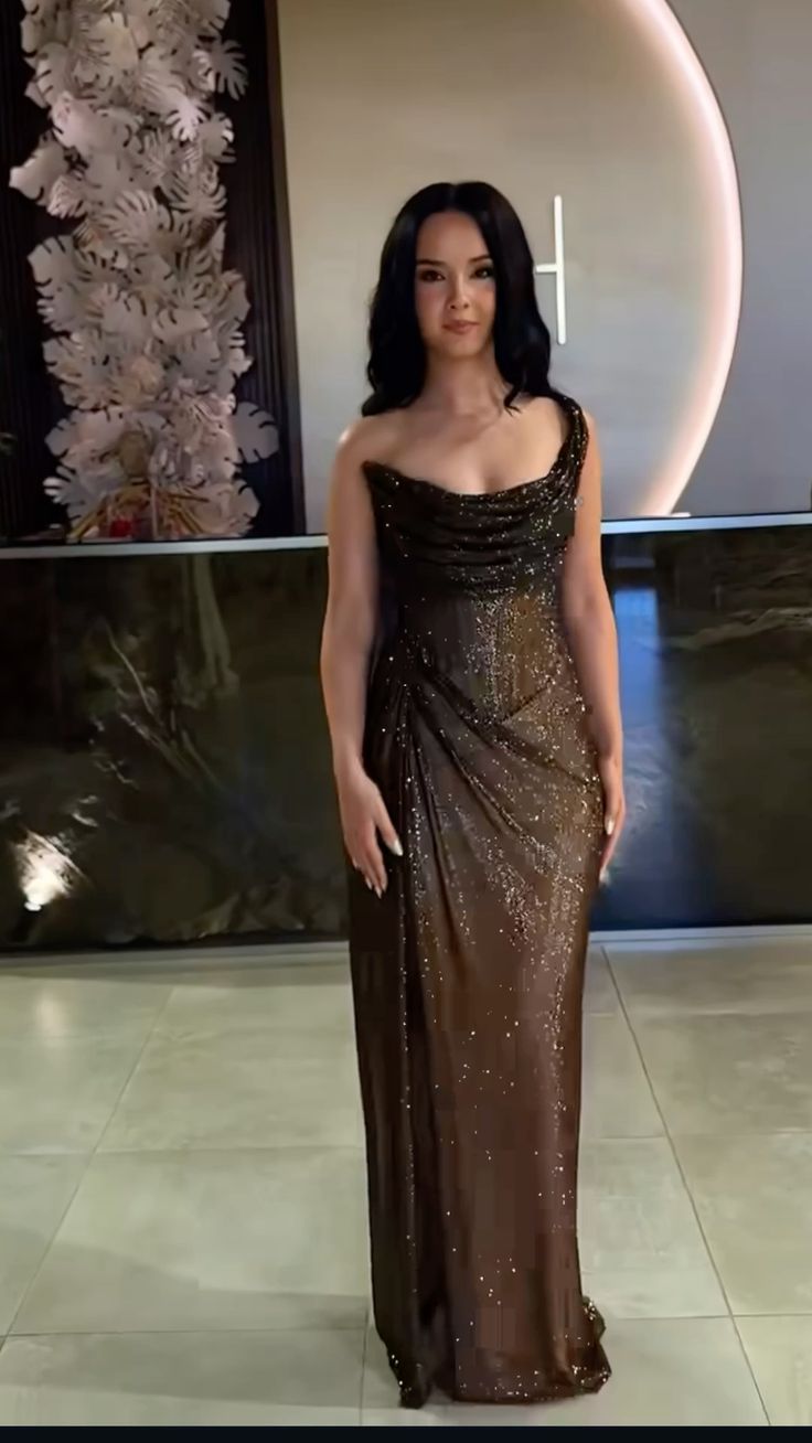 Glitty Asymmetrical Ruched Slit Long Sequin Dress    S6955