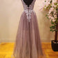 Tulle Lace Plunge V A-Line Prom Dress with Slit        S5371