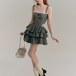 Gray Corset Mini Dress with Lace Trim, Bow Detail, Tiered Ruffle Skirt and Waist Cutout R9271
