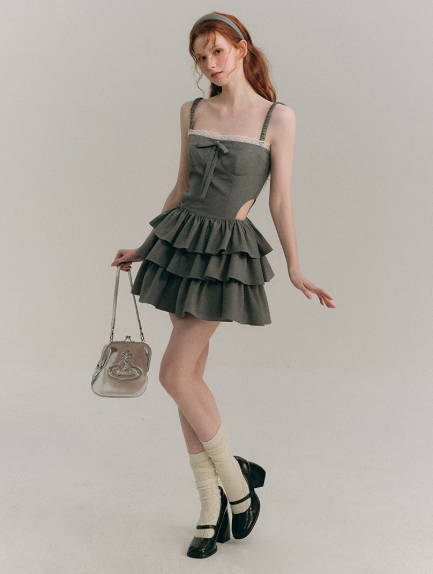 Gray Corset Mini Dress with Lace Trim, Bow Detail, Tiered Ruffle Skirt and Waist Cutout R9271