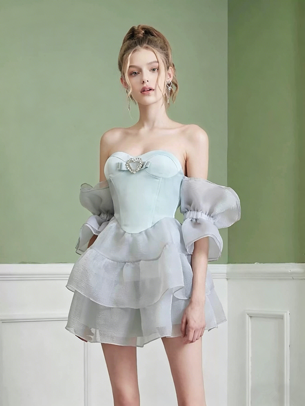 Coquette Off-Shoulder Tiered Mini Dress with Heart Rhinestone Detail R9152