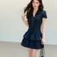 Navy Blue Puff Sleeve Dress with Neck Tie, Button Front and Tiered Skirt R9223