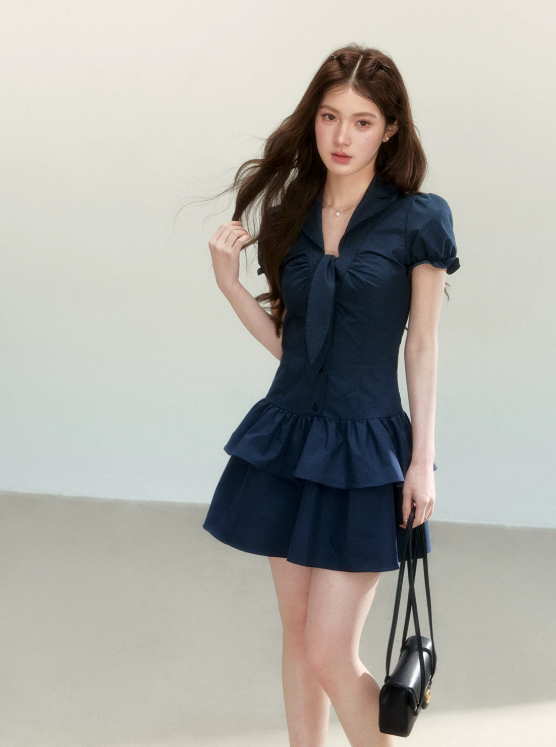 Navy Blue Puff Sleeve Dress with Neck Tie, Button Front and Tiered Skirt R9223