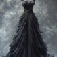 Black Gothic Wedding Dresses Ruched Lace Appliques V Neck Sleeveless Bridal Gown      S7126