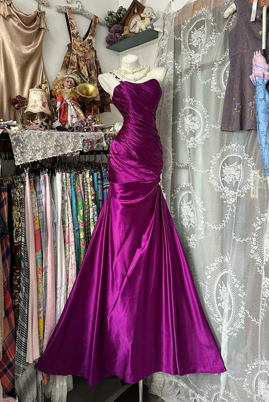 Purple Strapless Satin Waist Slim Mermaid Maxi Ball Gown R6128