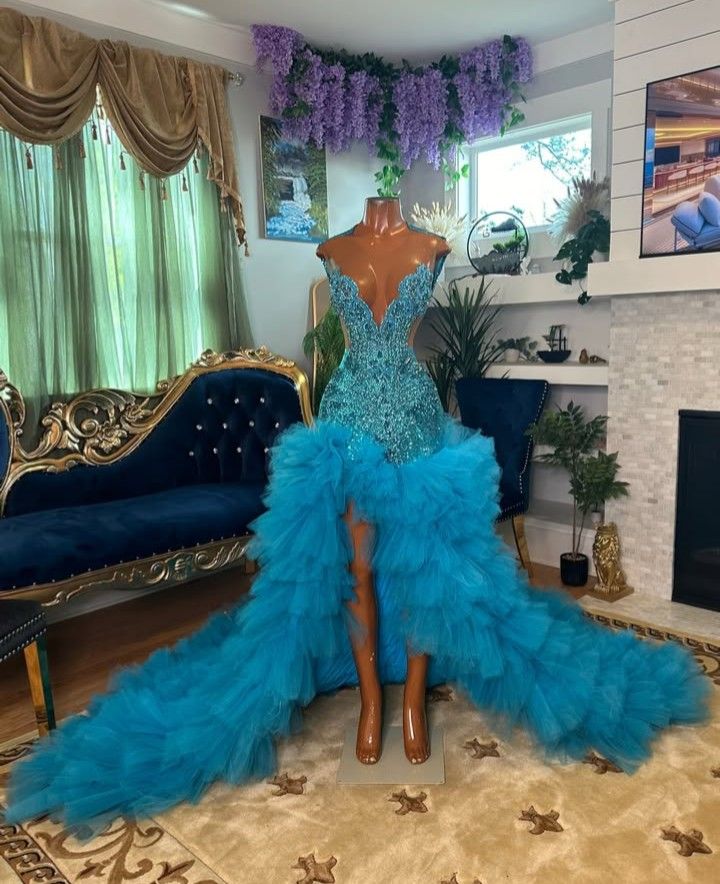 Custom made ruffle mermaid prom dress luxury beaded rhinestone birthday party evening gowns long black girls dresses      S7255