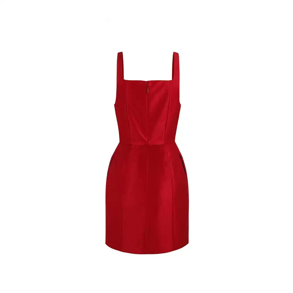 Elegant Cocktail Mini Dress Square Neck Waist Pleat Detail Satin R9187