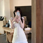 Cream White Sleeveless Bow Front A-Line Dress with Lace Details R9225