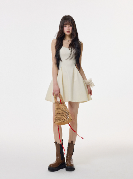 Cream White French Style Sleeveless Mini Dress, Square Neck High Waist Flare Skirt R9377