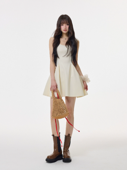 Cream White French Style Sleeveless Mini Dress, Square Neck High Waist Flare Skirt R9377