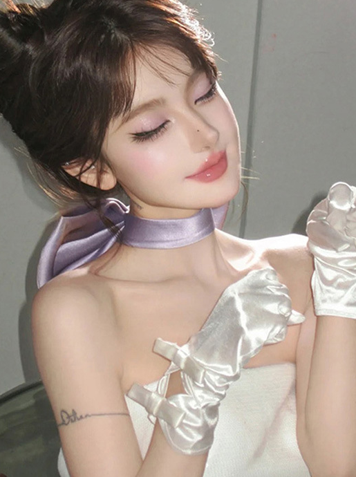 Off-white hollow double bow wedding banquet dinner gloves     S6241