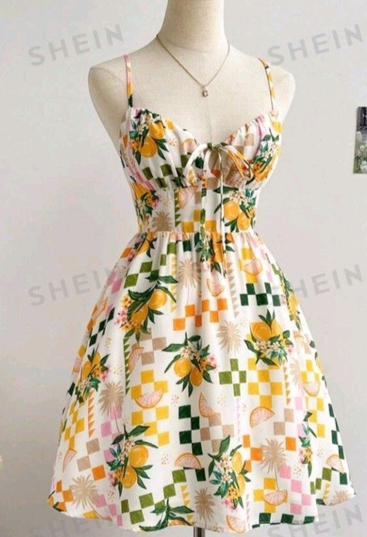 Apricot pattern suspenders waist gentle cute short skirt homecoming dress R3109