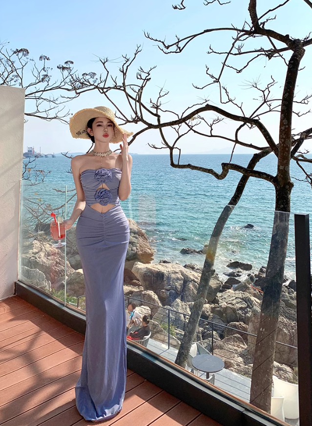 French holiday style purple flower hollow design tube top dress female seaside holiday sexy long dress R0305