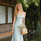 Light blue tube top three-dimensional flower waist slimming asymmetrical skirt long dress homecoming dress R3429