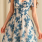 White background blue print waist strap slim A-line short skirt homecoming dress R3203