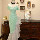 Pink off-the-shoulder fitted waist slim-fitting ruffled skirt wedding dress R6586
