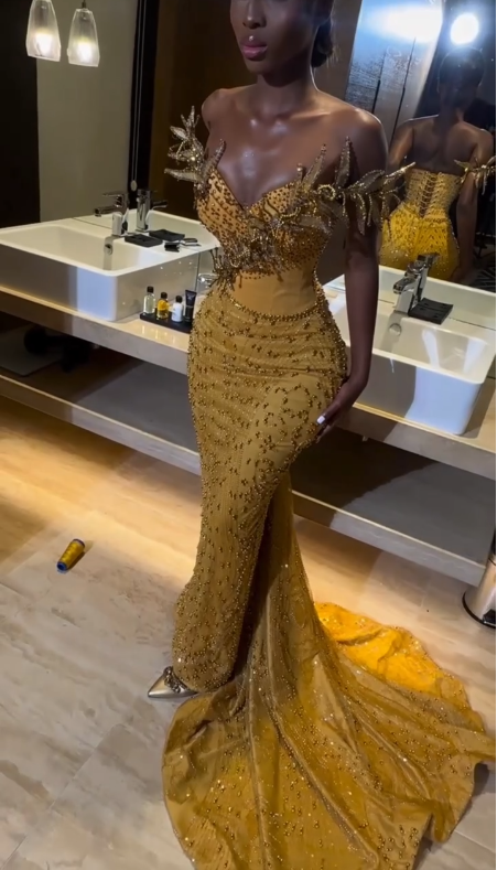 Gold Mermaid Off Shoulder Beaded Long Prom Dress Evening Formal Dress   S7090