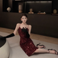 Retro wine red V-neck sequined glittering sling dress party holiday dress R1510