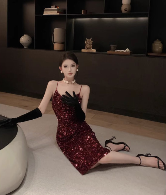 Retro wine red V-neck sequined glittering sling dress party holiday dress R1510