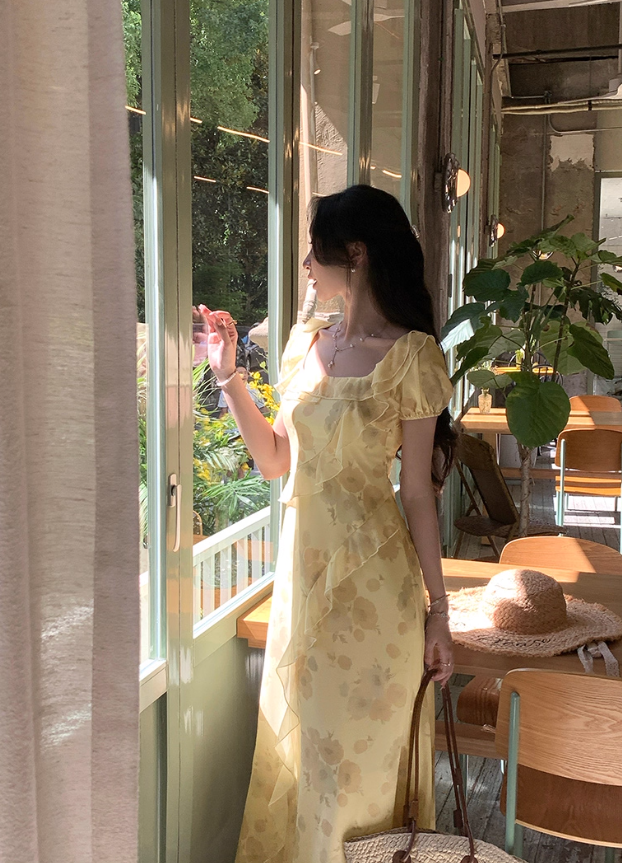 Sunset romantic atmosphere yellow floral dress women's holiday wear long dress R4342