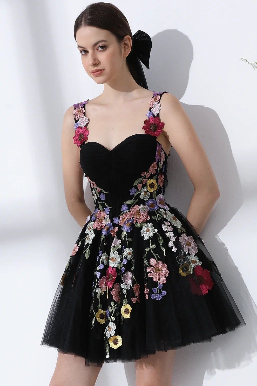 Black suspender dress embroidered suspender waist slim short skirt homecoming dress R3637