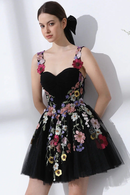 Black suspender dress embroidered suspender waist slim short skirt homecoming dress R3637