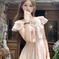 Pink long v-neck waist short-sleeved chiffon dress summer temperament embroidered A-line skirt R4576